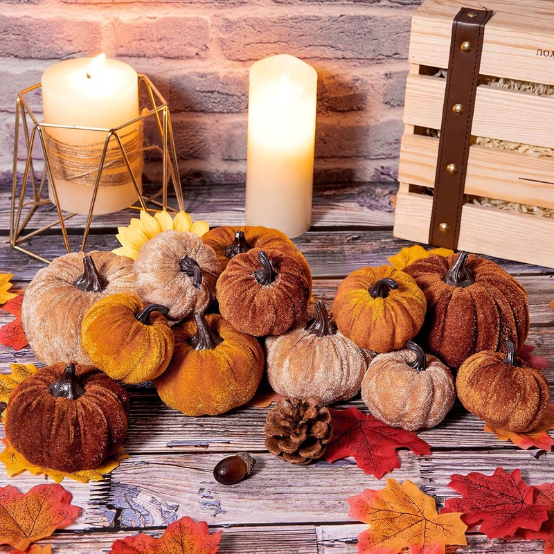 Whaline 12Pcs Fall Faux Velvet Pumpkins Thanksgiving Harvest Artificial Fake Pumpkin Rustic Assorted Sizes Orange Brown Khaki Small Foam Pumpkins for Fall Wedding Party Home Table Decor - Image 5