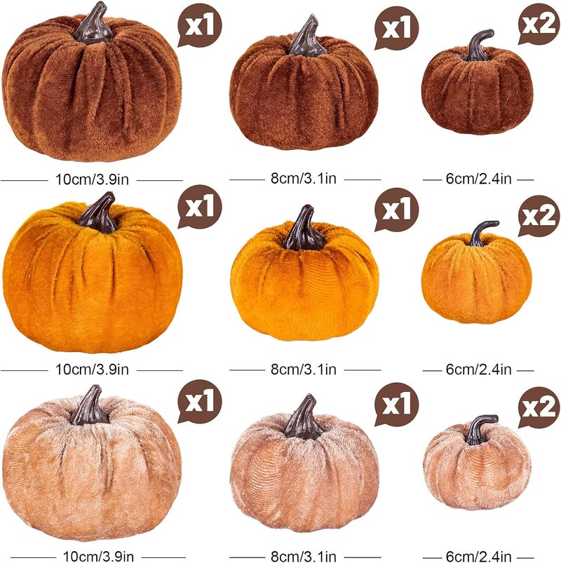 Whaline 12Pcs Fall Faux Velvet Pumpkins Thanksgiving Harvest Artificial Fake Pumpkin Rustic Assorted Sizes Orange Brown Khaki Small Foam Pumpkins for Fall Wedding Party Home Table Decor - Image 2