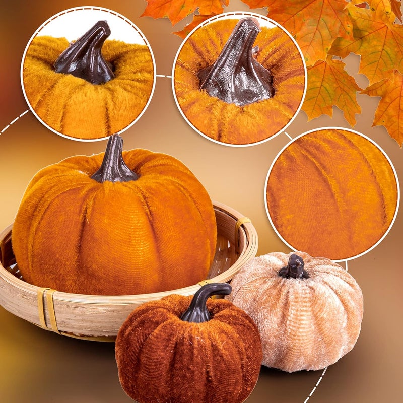Whaline 12Pcs Fall Faux Velvet Pumpkins Thanksgiving Harvest Artificial Fake Pumpkin Rustic Assorted Sizes Orange Brown Khaki Small Foam Pumpkins for Fall Wedding Party Home Table Decor - Image 3