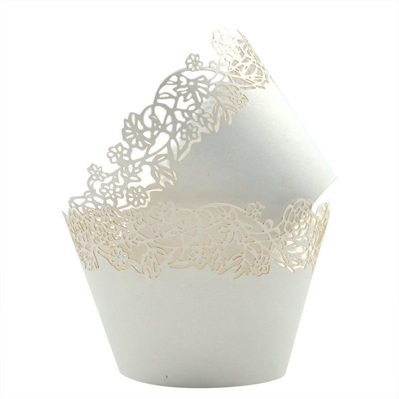 KPOSIYA Cupcake Wrappers Pack of 50 White Filigree Artistic Bake Cake Paper Cups Little Vine Lace Laser Cut Liner Baking Cup Muffin Case Trays for Wedding Party Birthday Decoration By KEIVA 