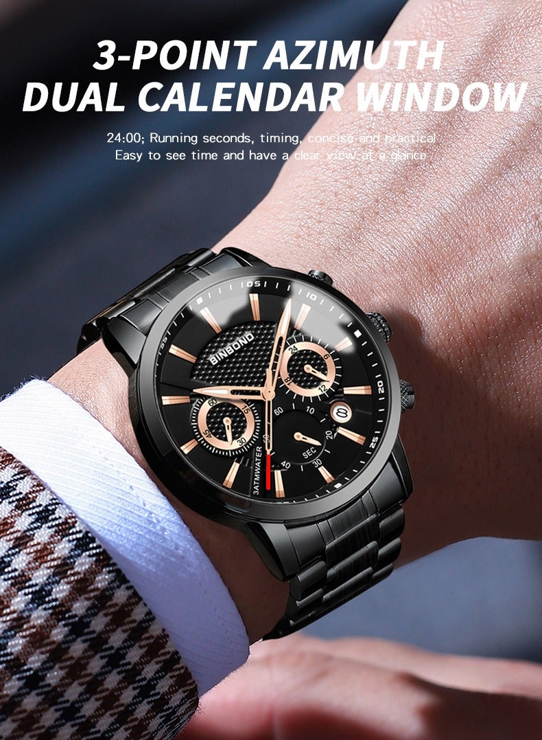 BINBOND ​​BINBOND Men's Business Sport Watch - Black Stainless Steel Case with Black Dial, Rose Gold-Tone Markers, Quartz Movement, 30M Water Resistance, Dual Sub-Dial Multi-Function Design, Modern Business Style for Office & Casual Wear​​  - Image 2