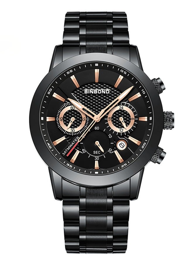 BINBOND ​​BINBOND Men's Business Sport Watch - Black Stainless Steel Case with Black Dial, Rose Gold-Tone Markers, Quartz Movement, 30M Water Resistance, Dual Sub-Dial Multi-Function Design, Modern Business Style for Office & Casual Wear​​  - Image 1