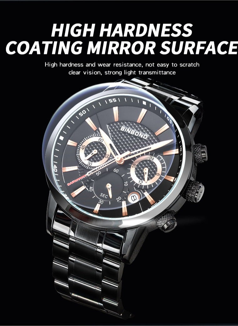 BINBOND ​​BINBOND Men's Business Sport Watch - Black Stainless Steel Case with Black Dial, Rose Gold-Tone Markers, Quartz Movement, 30M Water Resistance, Dual Sub-Dial Multi-Function Design, Modern Business Style for Office & Casual Wear​​  - Image 4