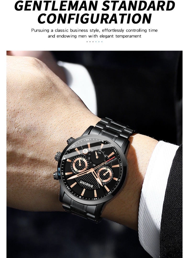 BINBOND ​​BINBOND Men's Business Sport Watch - Black Stainless Steel Case with Black Dial, Rose Gold-Tone Markers, Quartz Movement, 30M Water Resistance, Dual Sub-Dial Multi-Function Design, Modern Business Style for Office & Casual Wear​​  - Image 5