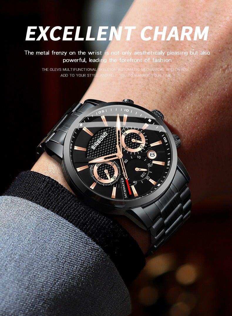 BINBOND ​​BINBOND Men's Business Sport Watch - Black Stainless Steel Case with Black Dial, Rose Gold-Tone Markers, Quartz Movement, 30M Water Resistance, Dual Sub-Dial Multi-Function Design, Modern Business Style for Office & Casual Wear​​  - Image 3