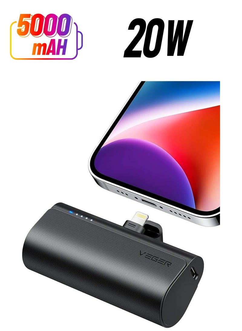 VEGER بنك طاقة ميني VEGER محمول 5000mAh، شاحن سريع 20W PD QC 3.0، بطارية محمولة مع موصل مدمج، شاحن هاتف لجهاز آيفون، AirPods - أسود