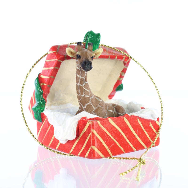 Conversation Concept GIRAFFE in a RED GIFT BOX Christmas Ornament New Resin RGBA20 - Image 1