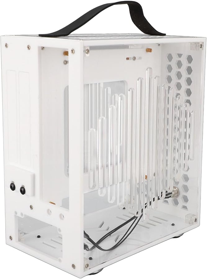حالة كمبيوتر صغيرة بيضاء من نوع Mini ITX بمقبض وزجاج جانبي كامل يدعم بطاقات الرسوميات حتى 320 مم - Image 1