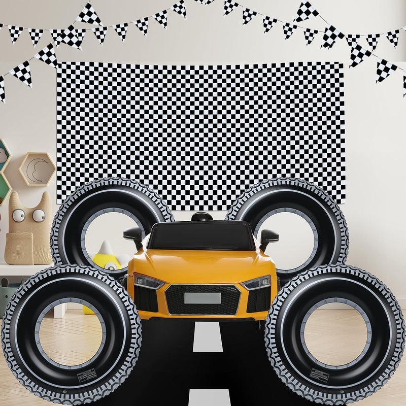 Woanger 6 Pcs Racing Birthday Party Supplies Include Checkered Tablecloth Road Table Runner and Inflatable Tire Tubes for Racing Car Theme Party Decorations - Image 5