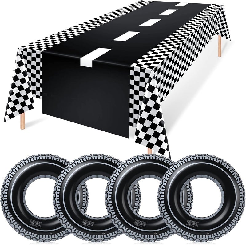 Woanger 6 Pcs Racing Birthday Party Supplies Include Checkered Tablecloth Road Table Runner and Inflatable Tire Tubes for Racing Car Theme Party Decorations - Image 1