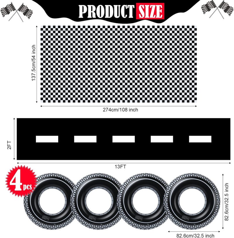 Woanger 6 Pcs Racing Birthday Party Supplies Include Checkered Tablecloth Road Table Runner and Inflatable Tire Tubes for Racing Car Theme Party Decorations - Image 2