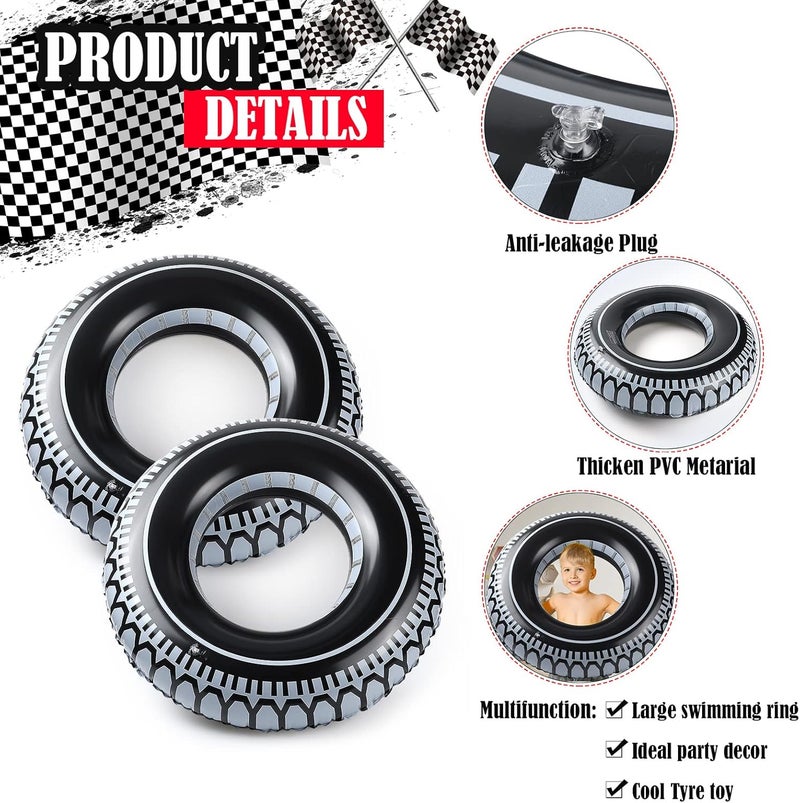 Woanger 6 Pcs Racing Birthday Party Supplies Include Checkered Tablecloth Road Table Runner and Inflatable Tire Tubes for Racing Car Theme Party Decorations - Image 4