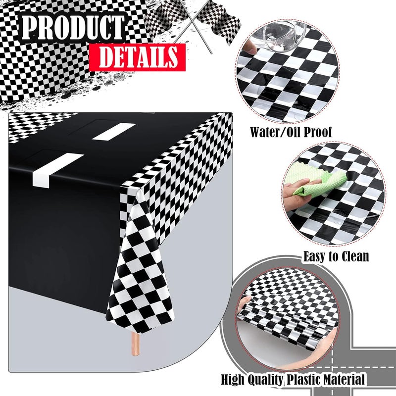 Woanger 6 Pcs Racing Birthday Party Supplies Include Checkered Tablecloth Road Table Runner and Inflatable Tire Tubes for Racing Car Theme Party Decorations - Image 3