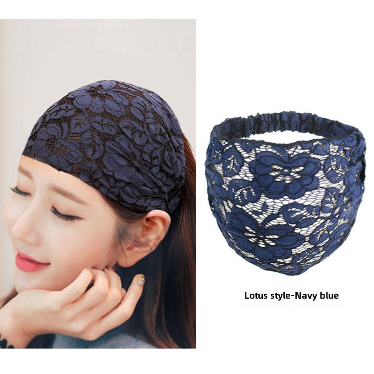 Generic Summer Lace Elastic Headband Floral Hairband Navy Blue (Premium Edition)