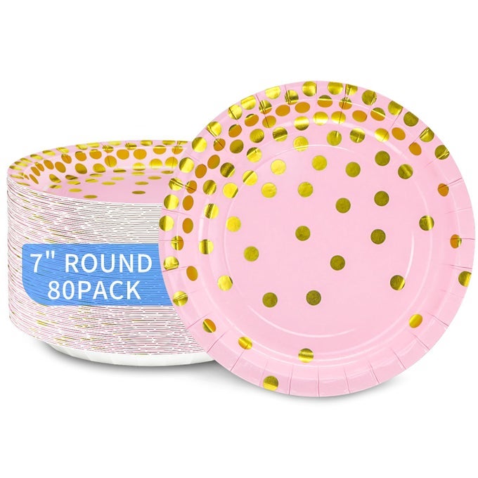80 COUNT PINK AND GOLD PAPER PLATES 7 INCH METALLIC FOIL POLKA DOTS DISPOSABLE DESSERT PARTY PLATES COCKTAIL PARTY SUPPLIES PLATES FOR BIRTHDAY BRIDAL SHOWER EASTER GRADUATION PARTY