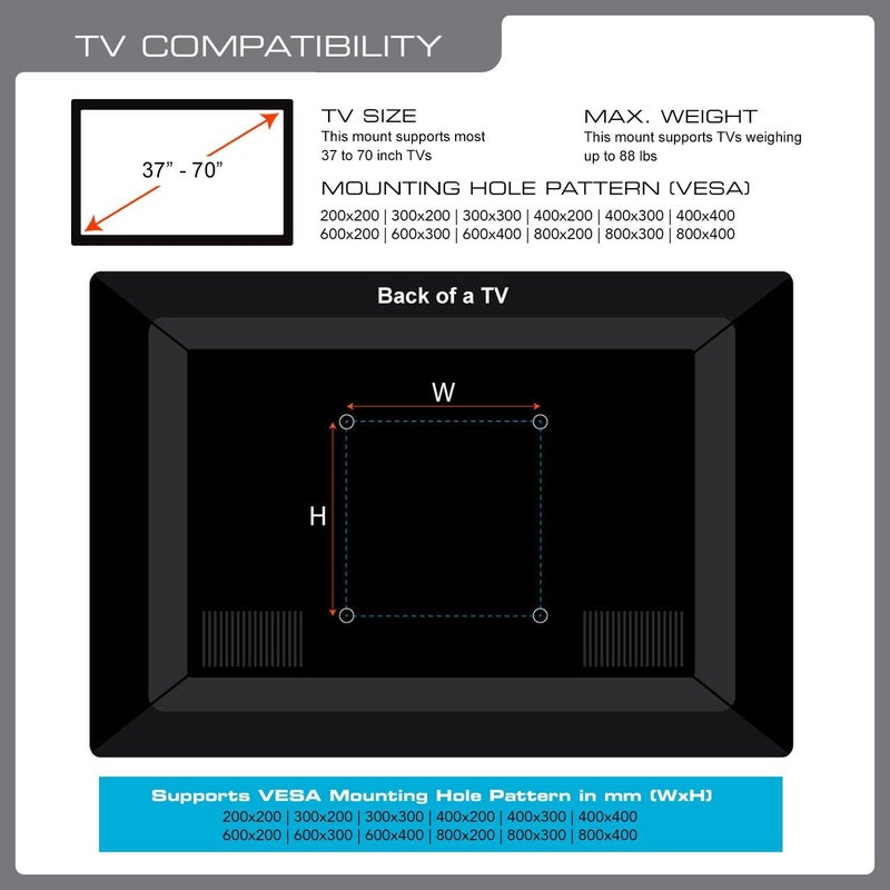 QualGear QG-TM-002-BLK 37-70 بوصة حامل حائط ثابت عالمي فائق النحافة ومنخفض جدًا لأجهزة تلفزيون LED، أسود - Image 3