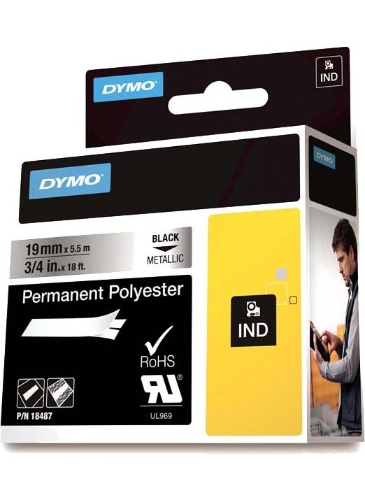 Dymo - Rhinopro Fixed polyester 19 mm x 5.5 M Metallic Grey/black 18787 - Image 1