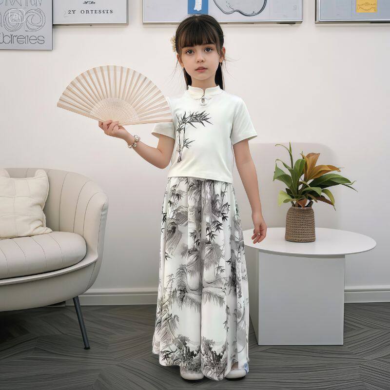 Girls' 2026 Summer Chinese Style Set, Lightweight, Short Sleeve, Two-Piece - Image 1