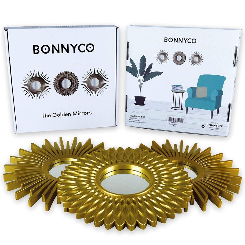 BONNYCO مرايا ذهبية من بونيكو للجدران - عبوة من 3، مرايا جدارية دائرية لتزيين غرفة النوم والمنزل. مرايا زخرفية للجدران لغرفة المعيشة وغرفة النوم، ديكور حديث بسيط عتيق، أنيق. هدايا للنساء، الأمهات. - Image 2