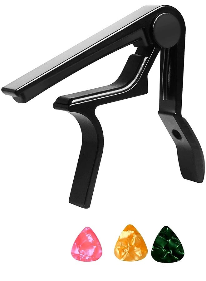 Tersely Aluminum Alloy Guitar Capo Trigger with 3pcs Guitar Picks Single Hand Use Quick Change Black Capos for Classical Acoustic Electric Guitars Ukulele - Image 1