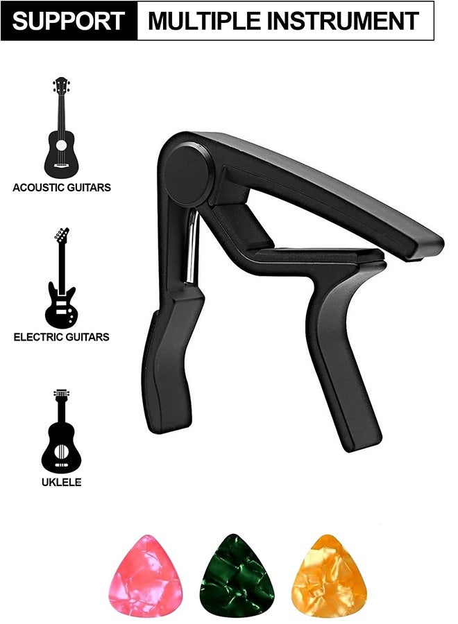 Tersely Aluminum Alloy Guitar Capo Trigger with 3pcs Guitar Picks Single Hand Use Quick Change Black Capos for Classical Acoustic Electric Guitars Ukulele - Image 2