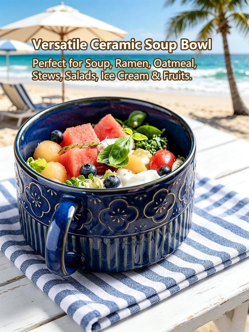 Gomakren Extra Large Soup Bowl with Handle, 39 Ounces Ceramic Bowl with Lid, 6 Inch Microwave Ramen Bowl Soup Mug Cup for Cereal, Ramen, Instant Noodle, Cobalt Blue - Image 4