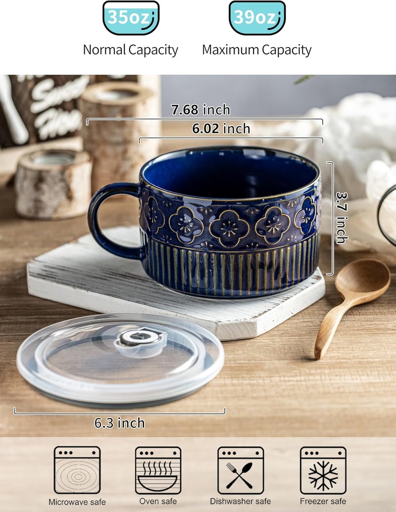 Gomakren Extra Large Soup Bowl with Handle, 39 Ounces Ceramic Bowl with Lid, 6 Inch Microwave Ramen Bowl Soup Mug Cup for Cereal, Ramen, Instant Noodle, Cobalt Blue - Image 2