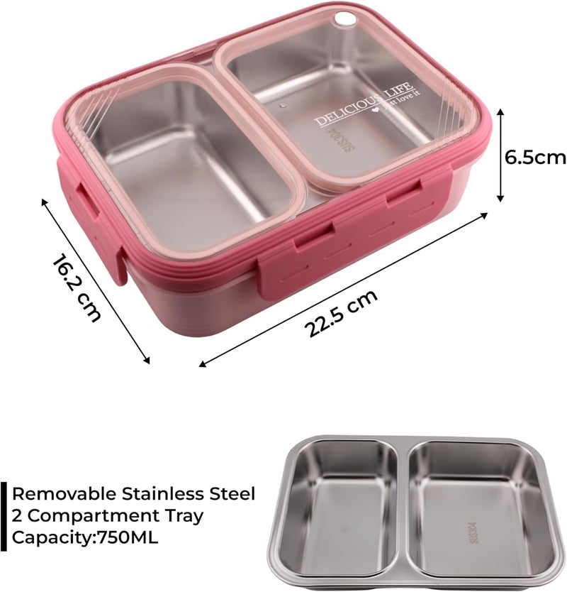 Cravista Bento Lunch Boxes, Leak Proof Stainless Steel Lunch Box for Kids, BPA Free Bento Box for Kids and Adults | Tiffin Boxes for Office and School (Pink, 700 ML, 2 Compartment) - Image 5