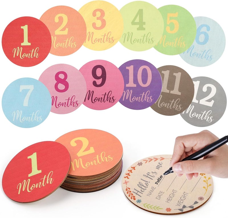 Al Raied ARS® Baby Monthly Milestone Signs - 13 Pack Wooden Baby Milestone Cards for 1-12 Months - Image 1