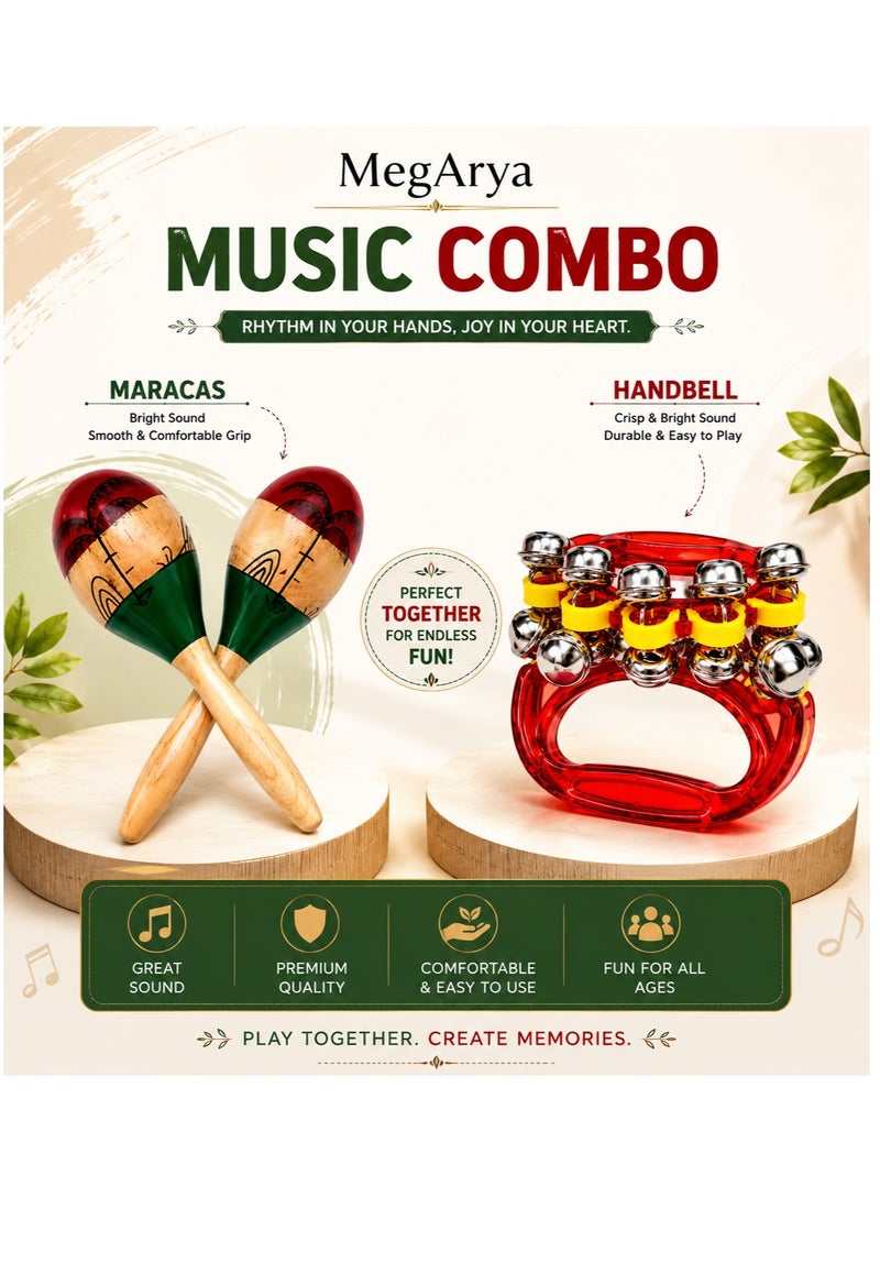 Megarya Maracas & Handbell Music Combo Pack | Wooden Maracas Shakers and Jingle Hand Bell Percussion Set | Rhythm Musical Instruments for Kids, Adults, Schools, Music Classes, Worship & Early Learning - Image 1