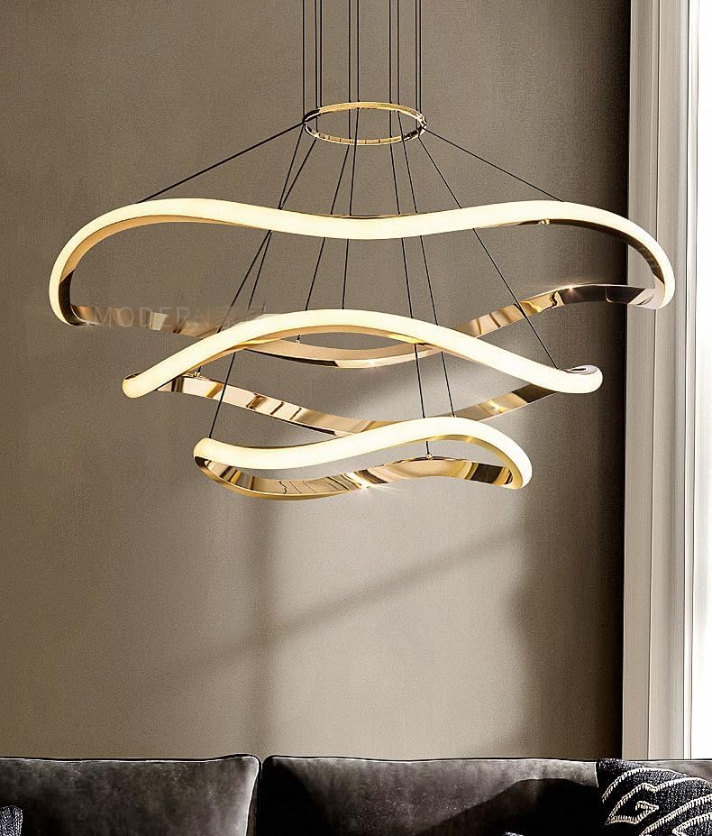 CITRA 3 Ring 800MM Gold Body Waves Modern LED Chandelier Hanging Suspension Fancy Lamp - Warm White - Image 4