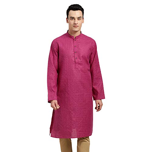 SOJANYA (Since 1958 Men's Cotton Linen Magenta Checked ONLY Long Kurta Size: 42 - Image 1