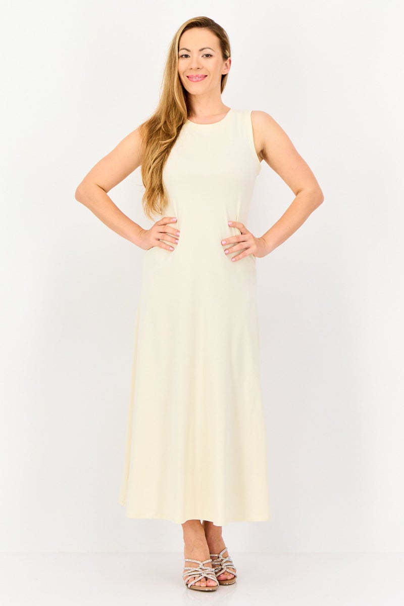 bebe فستان ماكسي نسائي سادة، بيج - Image 1