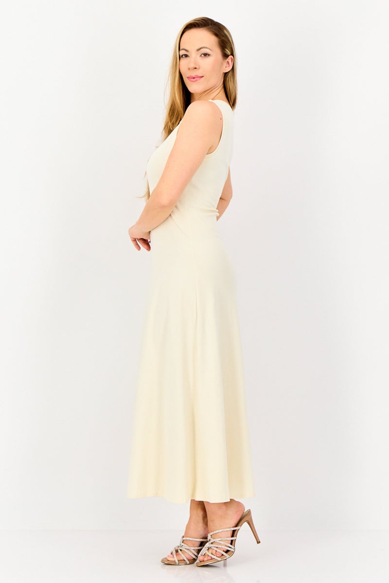 bebe فستان ماكسي نسائي سادة، بيج - Image 4