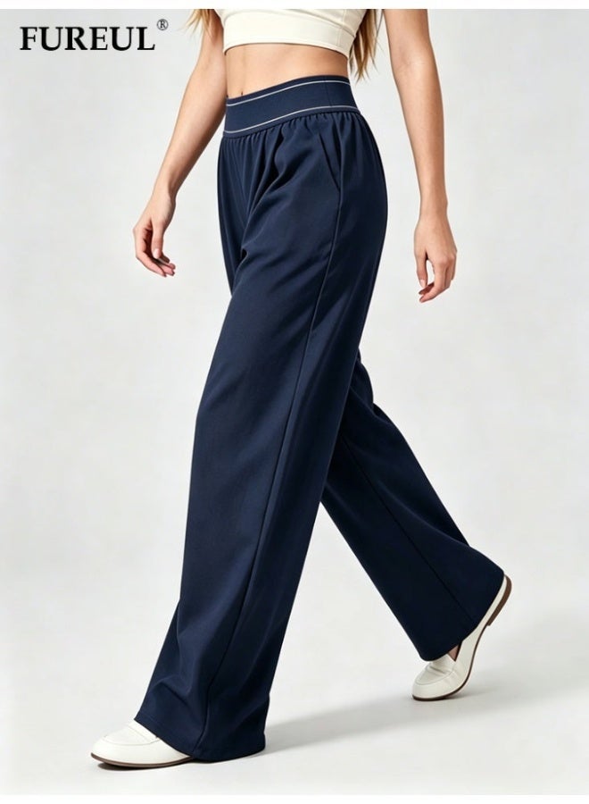 FUREUL Women High Waist Wide Leg Casual Pants, Stitched Elastic Waistband Loose Fit Trousers with Side Pockets, Lightweight Quick Dry Sports Sweatpants for Daily Gym Streetwear - Navy - Image 2