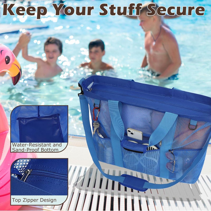 Fammart Extra Large Mesh Beach Bag for Family, Pool Travel Tote Bag with Zipper Closure, 12 Pockets, Sandproof Bottom, XL Blue - Image 5