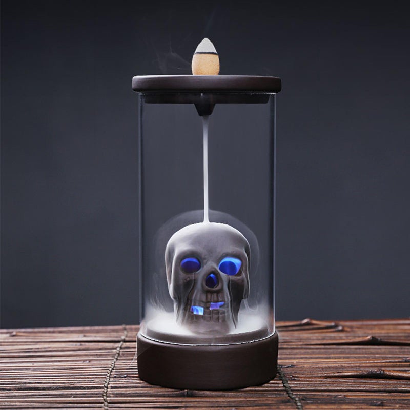 Romehaha Skull Backflow Incense Burner Ceramic Holder with 45 Cones - Waterfall Smoke Aromatherapy Decor for Home, Yoga, Meditation - Unique Gift for Halloween, Gothic Decor (6.5" H) - Image 1