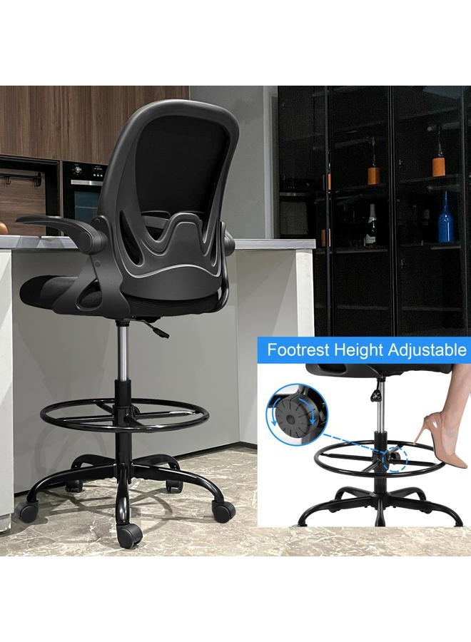 Primy Drafting Chair Tall Office Chair with Flip-up Armrests Executive Ergonomic Computer Standing Desk Chair with Lumbar Support and Adjustable Footrest Ring (Black) - Image 5