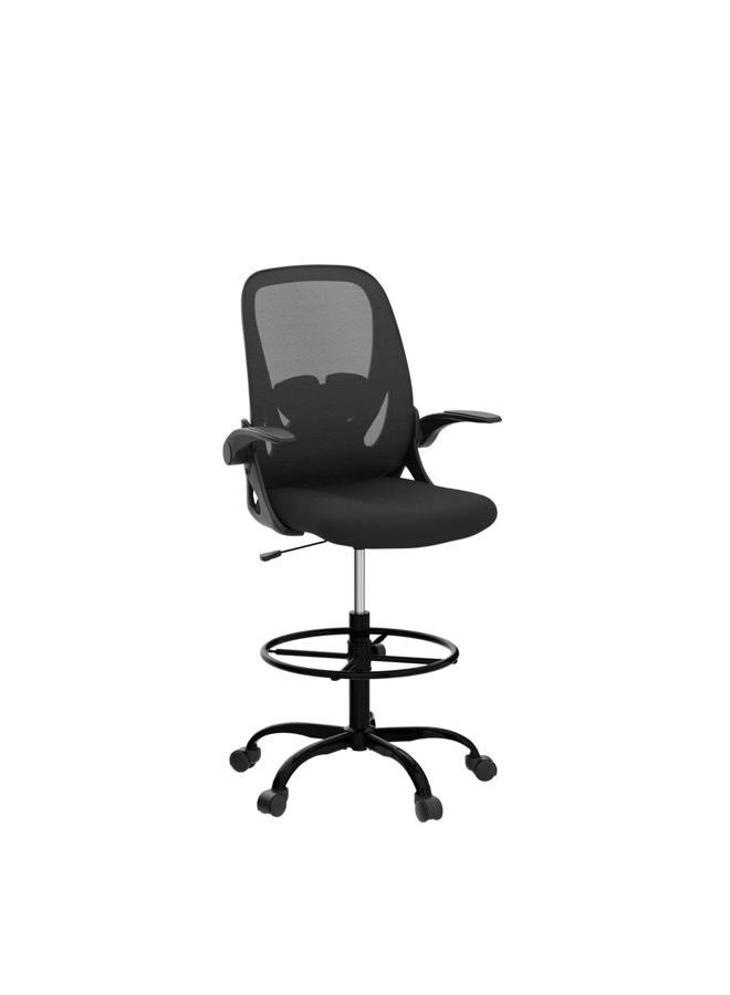 Primy Drafting Chair Tall Office Chair with Flip-up Armrests Executive Ergonomic Computer Standing Desk Chair with Lumbar Support and Adjustable Footrest Ring (Black) - Image 4