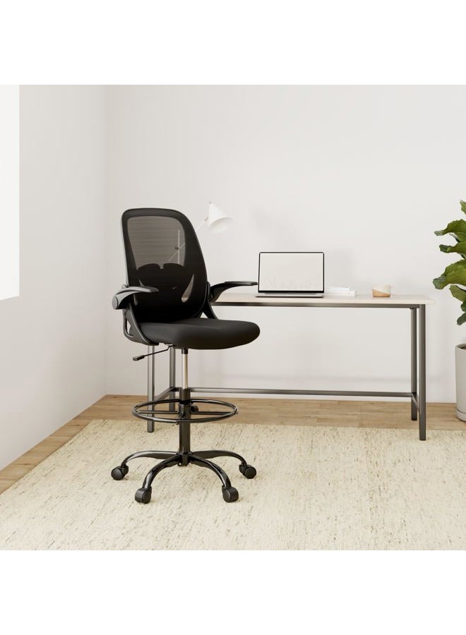 Primy Drafting Chair Tall Office Chair with Flip-up Armrests Executive Ergonomic Computer Standing Desk Chair with Lumbar Support and Adjustable Footrest Ring (Black) - Image 2