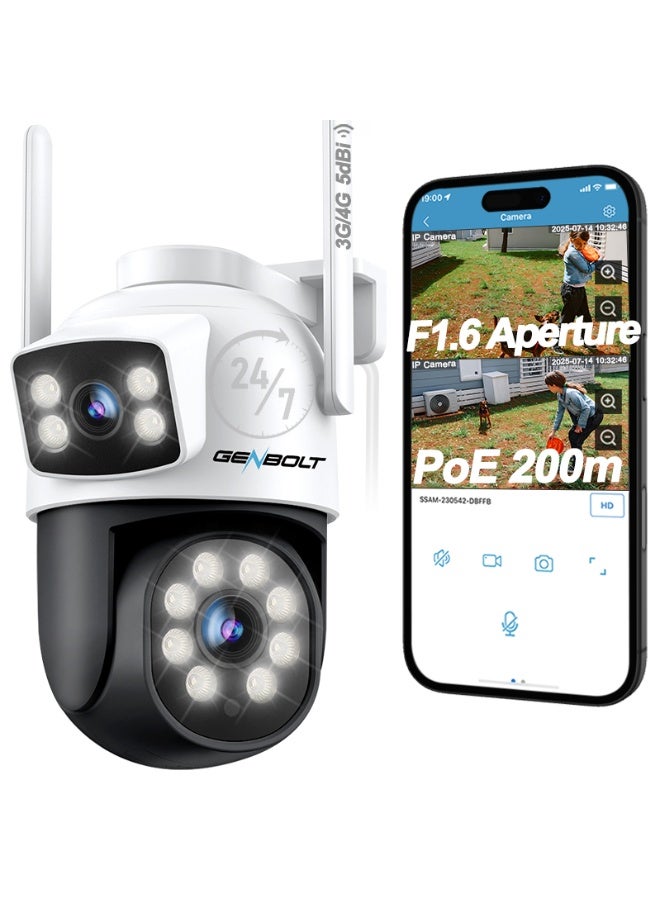 GENBOLT 4G Dual-Lens Surveillance Camera: 4MP Resolution, Indoor/Outdoor Use, Supports DC12V/PoE Power, 4x Zoom, 24/7 Continuous Recording, Full-Color Night Vision, Supports SD Card/Cloud Storage, Two-Way Audio, Humanoid Tracking, PTZ Control, Sound & Light Alarm, IP66 Rated - Image 1
