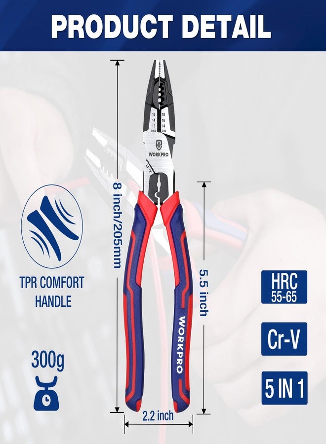 ووركبرو كماشة WORKPRO 6 في 1 لخطوط الأسلاك مع قاطع أسلاك ومجرد، كماشة مركبة متعددة الأغراض مقاس 8 بوصات، كماشة يدوية فولاذية CRV فاخرة للف أسلاك القطع وربط البراغي - Image 2