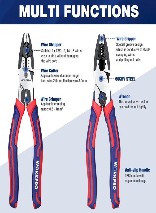 ووركبرو كماشة WORKPRO 6 في 1 لخطوط الأسلاك مع قاطع أسلاك ومجرد، كماشة مركبة متعددة الأغراض مقاس 8 بوصات، كماشة يدوية فولاذية CRV فاخرة للف أسلاك القطع وربط البراغي - Image 3