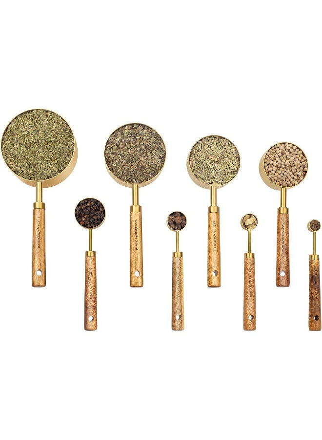 Muchtolove Measuring Cups and Spoons Set of 8, Golden Stainless Steel Measuring Cup with Wooden Handle, Kitchen/Food/Liquid/Baking  - Image 1