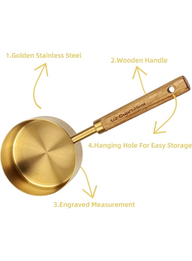 Muchtolove Measuring Cups and Spoons Set of 8, Golden Stainless Steel Measuring Cup with Wooden Handle, Kitchen/Food/Liquid/Baking  - Image 5