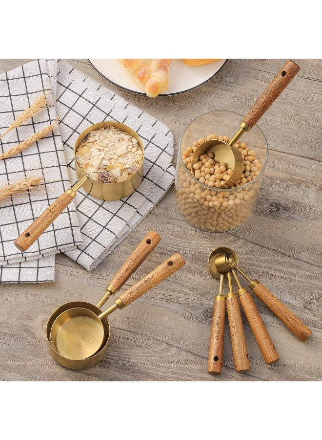 Muchtolove Measuring Cups and Spoons Set of 8, Golden Stainless Steel Measuring Cup with Wooden Handle, Kitchen/Food/Liquid/Baking  - Image 2