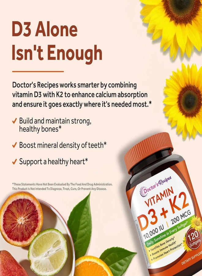 Doctor's Recipes Vitamin D3 K2, 10,000 IU, 200 mcg, MK-7, Strong Bone Density, Teeth, Immune, Heart Support, Energy, Calcium Absorption, No Soy & Gluten, Non-GMO, 120 Softgels - Image 3