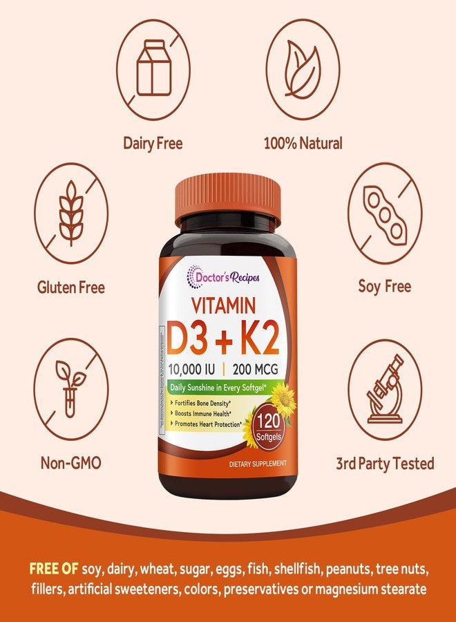 Doctor's Recipes Vitamin D3 K2, 10,000 IU, 200 mcg, MK-7, Strong Bone Density, Teeth, Immune, Heart Support, Energy, Calcium Absorption, No Soy & Gluten, Non-GMO, 120 Softgels - Image 5