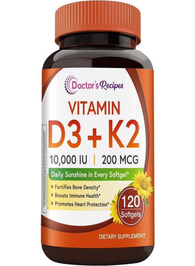 Doctor's Recipes Vitamin D3 K2, 10,000 IU, 200 mcg, MK-7, Strong Bone Density, Teeth, Immune, Heart Support, Energy, Calcium Absorption, No Soy & Gluten, Non-GMO, 120 Softgels - Image 1
