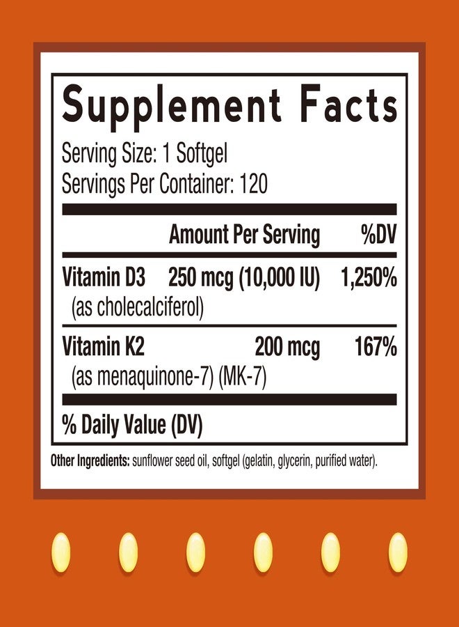 Doctor's Recipes Vitamin D3 K2, 10,000 IU, 200 mcg, MK-7, Strong Bone Density, Teeth, Immune, Heart Support, Energy, Calcium Absorption, No Soy & Gluten, Non-GMO, 120 Softgels - Image 2